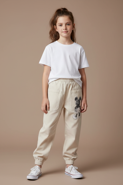 Pantalon Parachute Beige Coton Ample Mickey Enfant