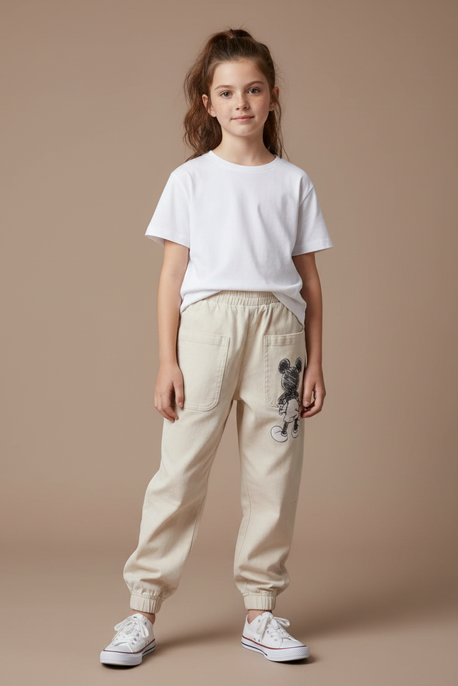 Pantalon Parachute Beige Coton Ample Mickey Enfant