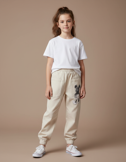 Pantalon Parachute Beige Coton Ample Mickey Enfant