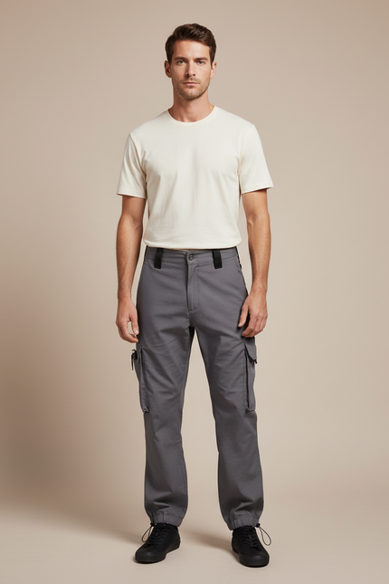 Pantalon Parachute Gris Cargo Coton Ample Homme Tactique