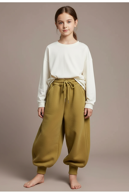 Pantalon Parachute Kaki Ample Molletonné Épais Fille