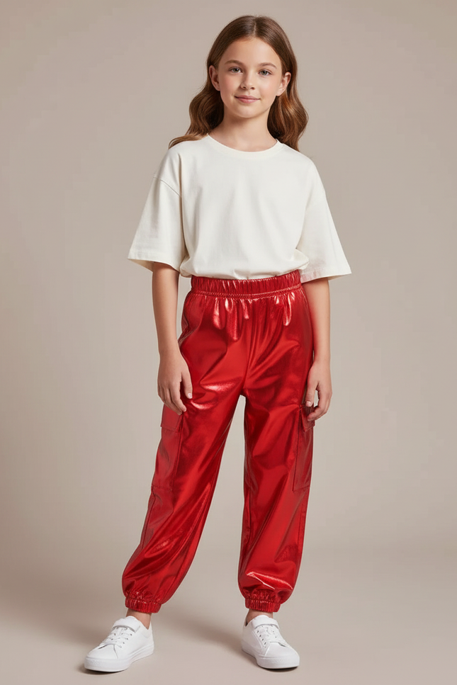 Pantalon Parachute Rouge Métallisé Cargo Brillant Fille - Polyester