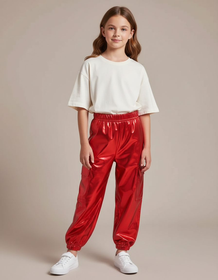 Pantalon Parachute Rouge Métallisé Cargo Brillant Fille - Polyester