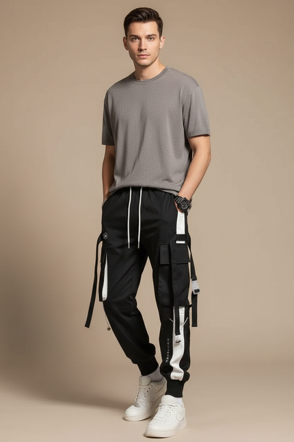 Pantalon Parachute Noir Cargo Ample Homme Techwear - Polyester