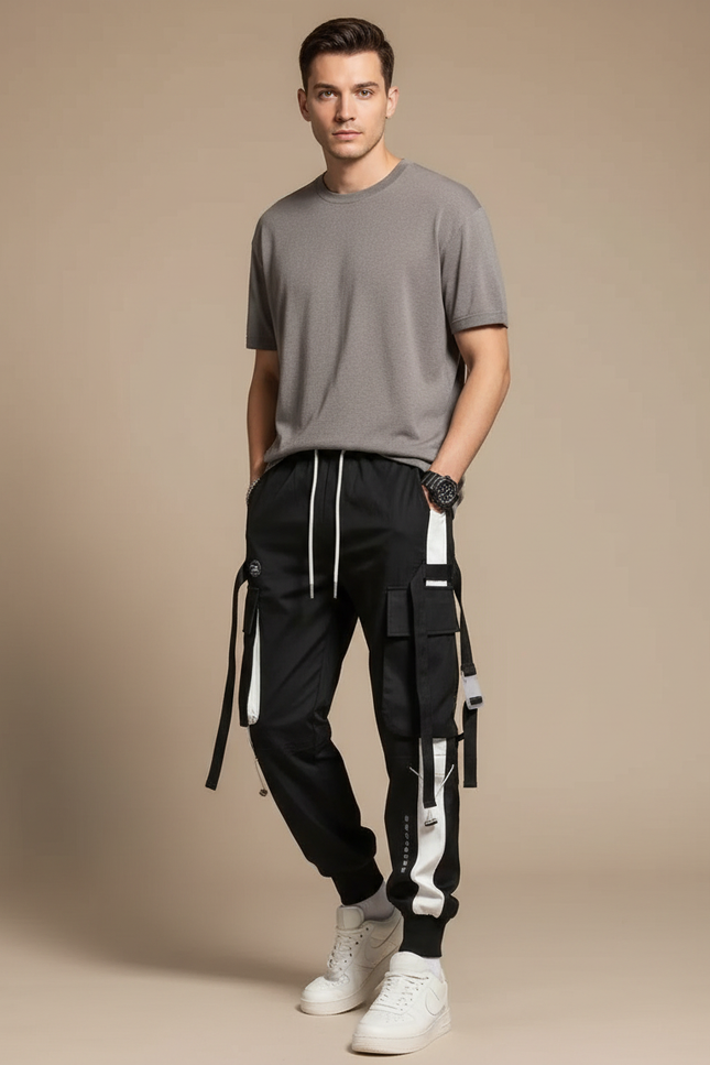Pantalon Parachute Noir Cargo Ample Homme Techwear - Polyester