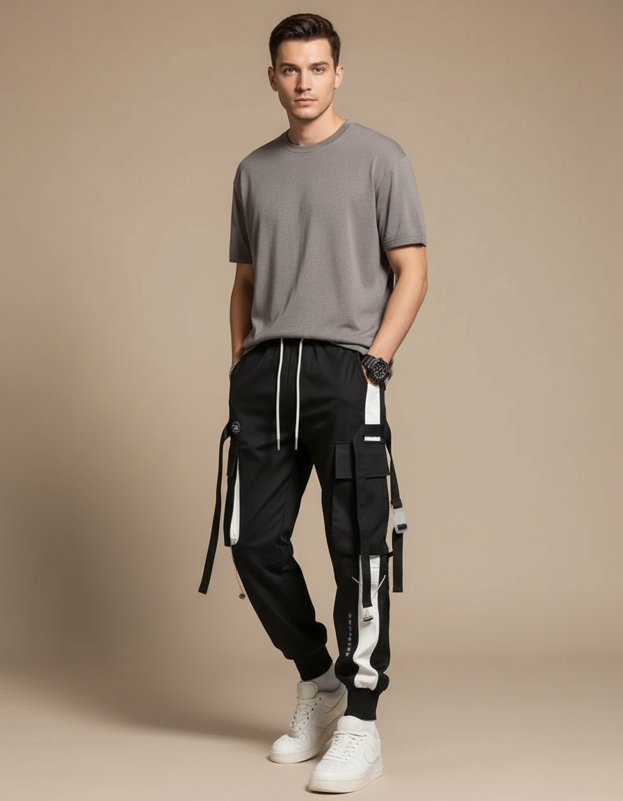 Pantalon Parachute Noir Cargo Ample Homme Techwear - Polyester