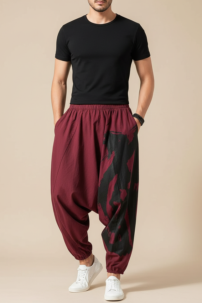 Pantalon Parachute Bordeaux Ample Coton Lin Imprimé Streetwear