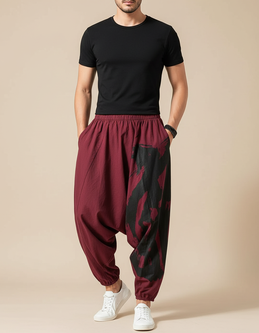 Pantalon Parachute Bordeaux Ample Coton Lin Imprimé Streetwear