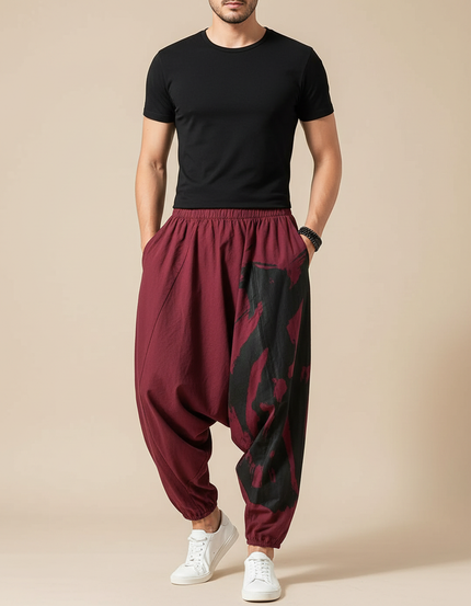 Pantalon Parachute Bordeaux Ample Coton Lin Imprimé Streetwear