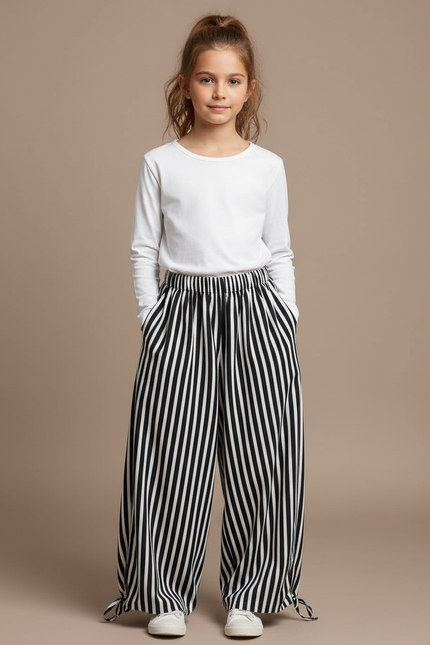 Pantalon Parachute Rayé Noir Blanc Ample - Imprimé Viscose