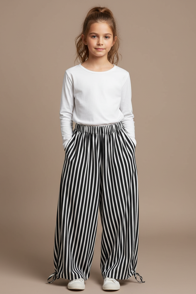 Pantalon Parachute Rayé Noir Blanc Ample - Imprimé Viscose