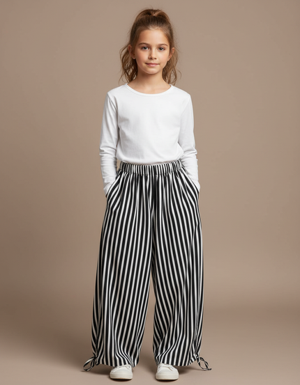Pantalon Parachute Rayé Noir Blanc Ample - Imprimé Viscose