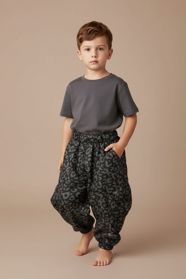 Pantalon Parachute Gris Imprimé Léopard Ample Enfant - Molleton