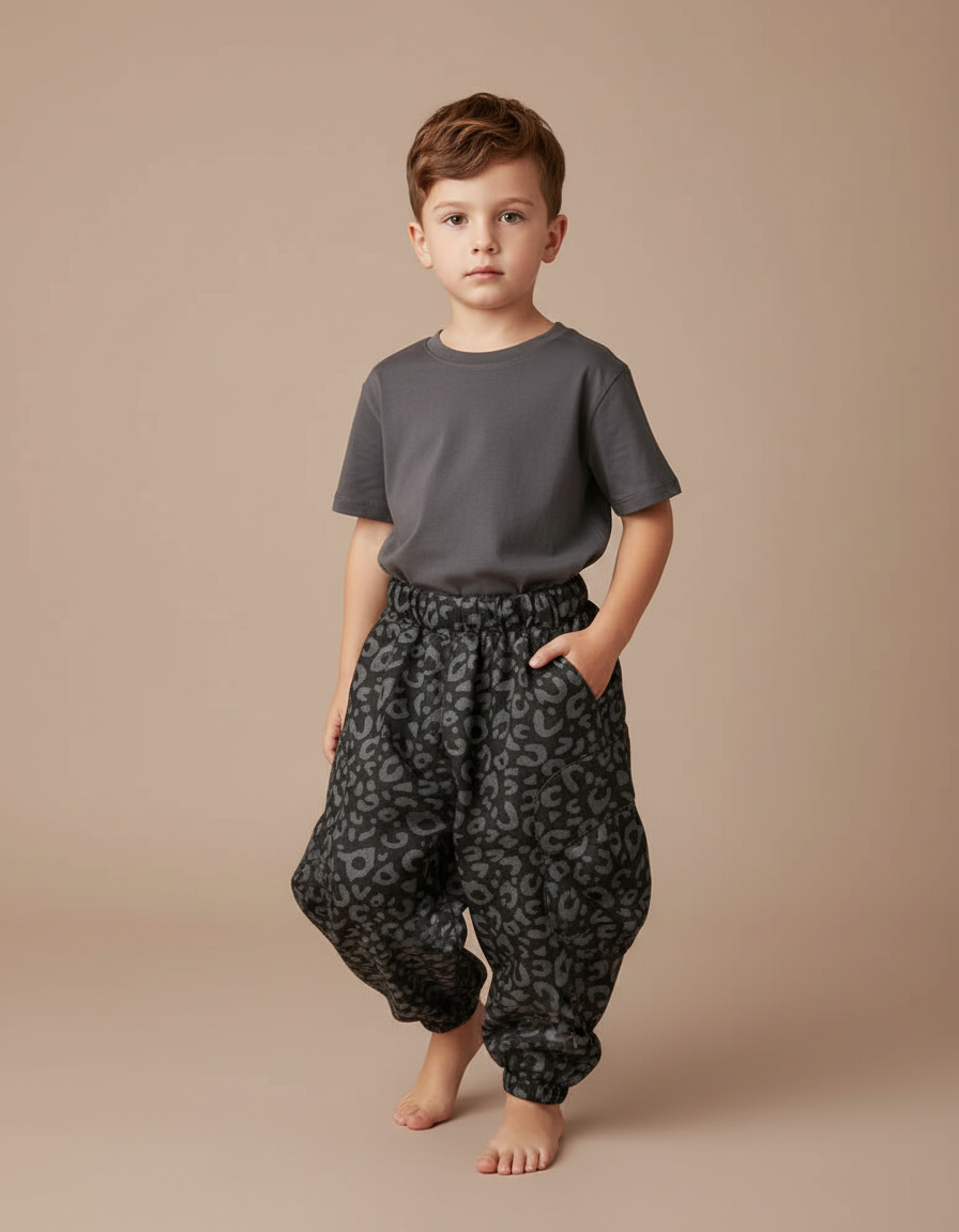 Pantalon Parachute Gris Imprimé Léopard Ample Enfant - Molleton