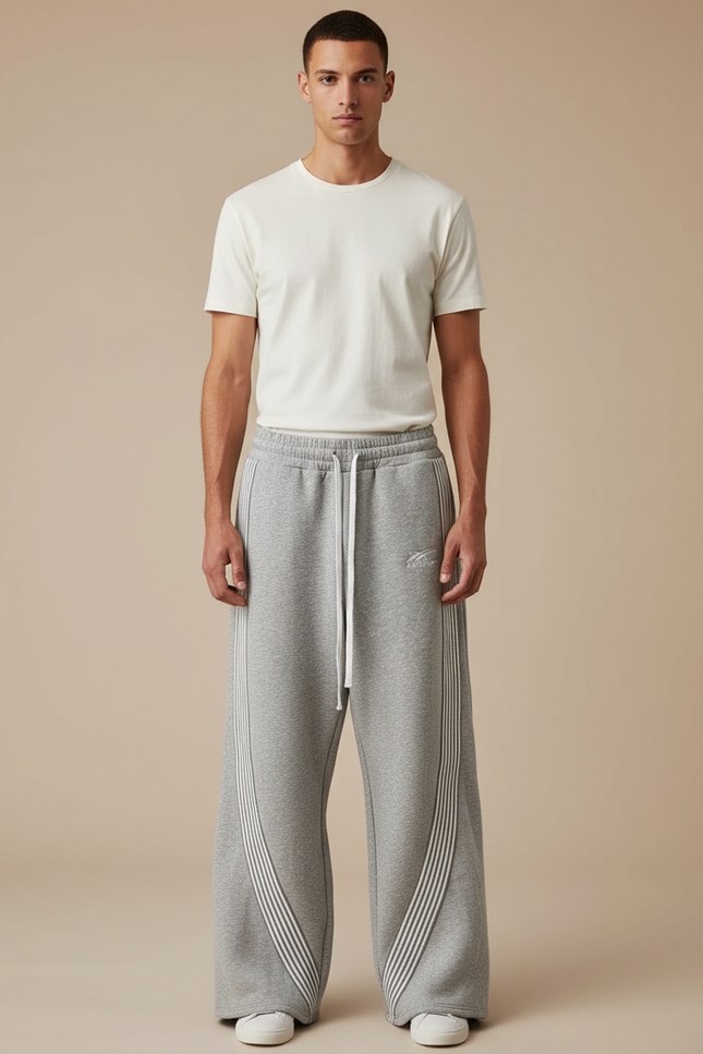 Pantalon Parachute Gris Ample Rayures Jogging Homme - Molleton