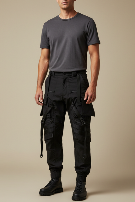 Pantalon Parachute Noir Tactique Cargo Homme Jogger - Polyester