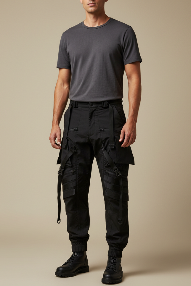 Pantalon Parachute Noir Tactique Cargo Homme Jogger - Polyester