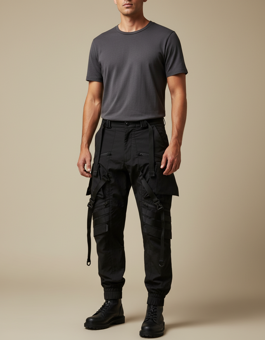 Pantalon Parachute Noir Tactique Cargo Homme Jogger - Polyester