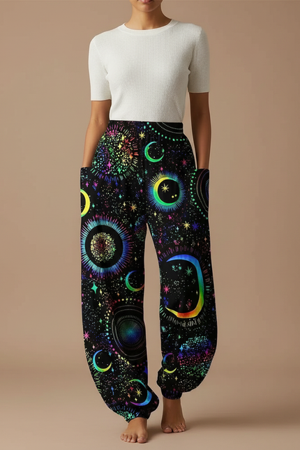Pantalon Parachute Fluide Noir Imprimé Lune Étoiles Femme - Multicolore Viscose