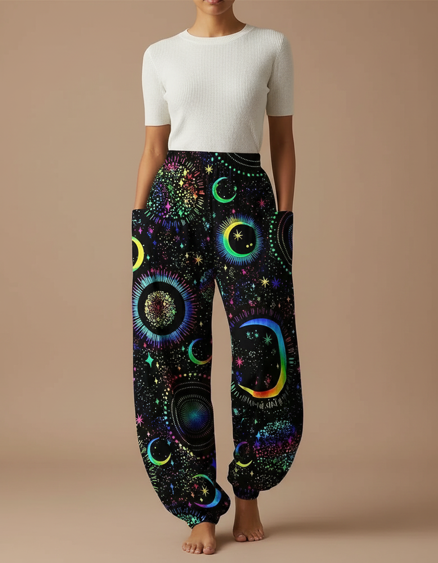 Pantalon Parachute Fluide Noir Imprimé Lune Étoiles Femme - Multicolore Viscose