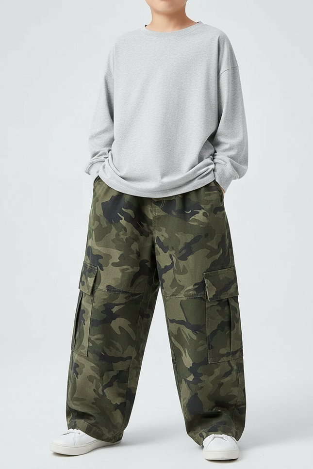 Pantalon Parachute Camouflage Cargo Large Garçon - Imprimé Toile