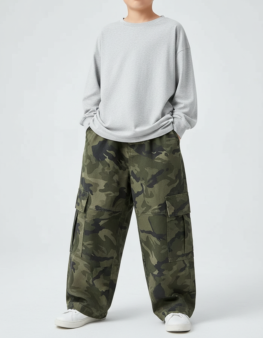 Pantalon Parachute Camouflage Cargo Large Garçon - Imprimé Toile