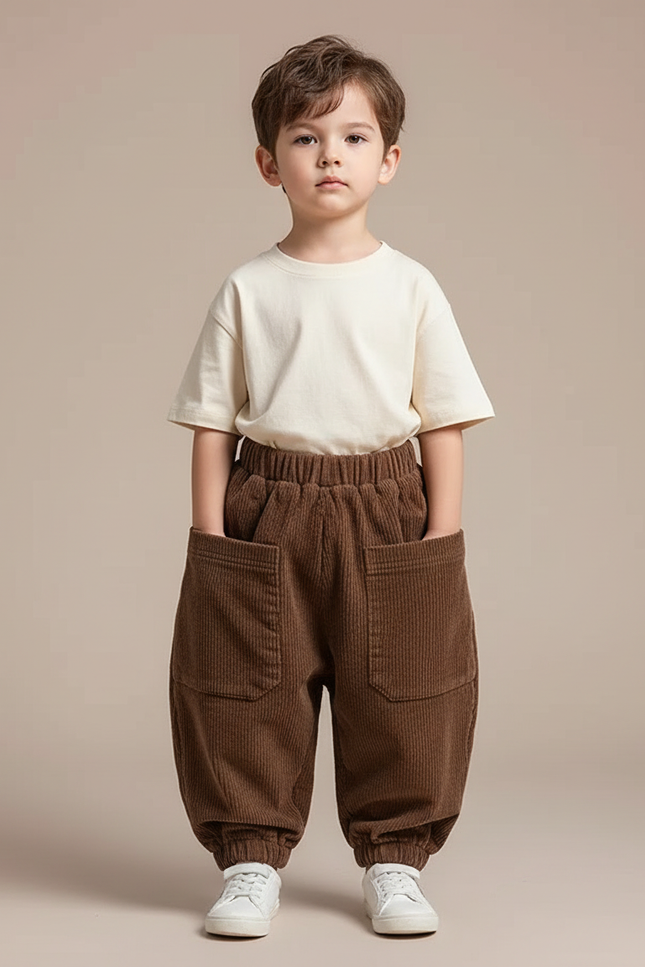 Pantalon Parachute Marron Côtelé Ample Décontracté Enfant - Cordé
