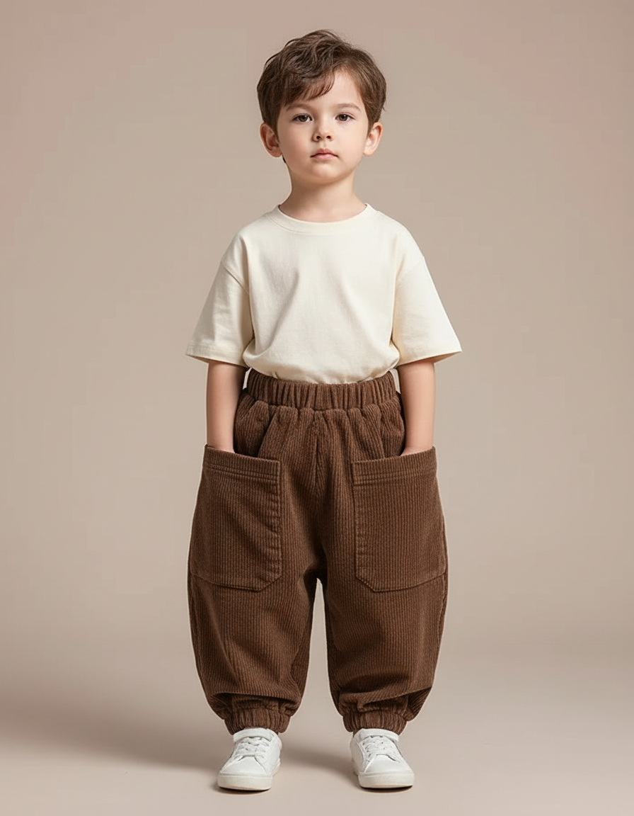 Pantalon Parachute Marron Côtelé Ample Décontracté Enfant - Cordé