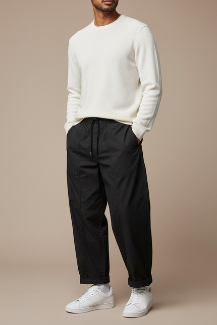 Pantalon Parachute Noir Ample Coton Décontracté Cordon
