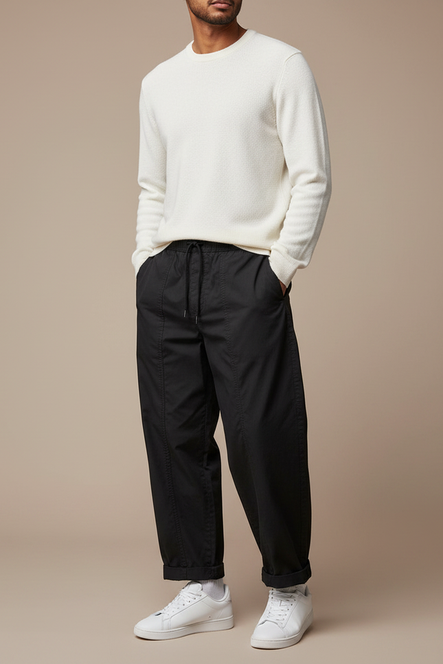 Pantalon Parachute Noir Ample Coton Décontracté Cordon