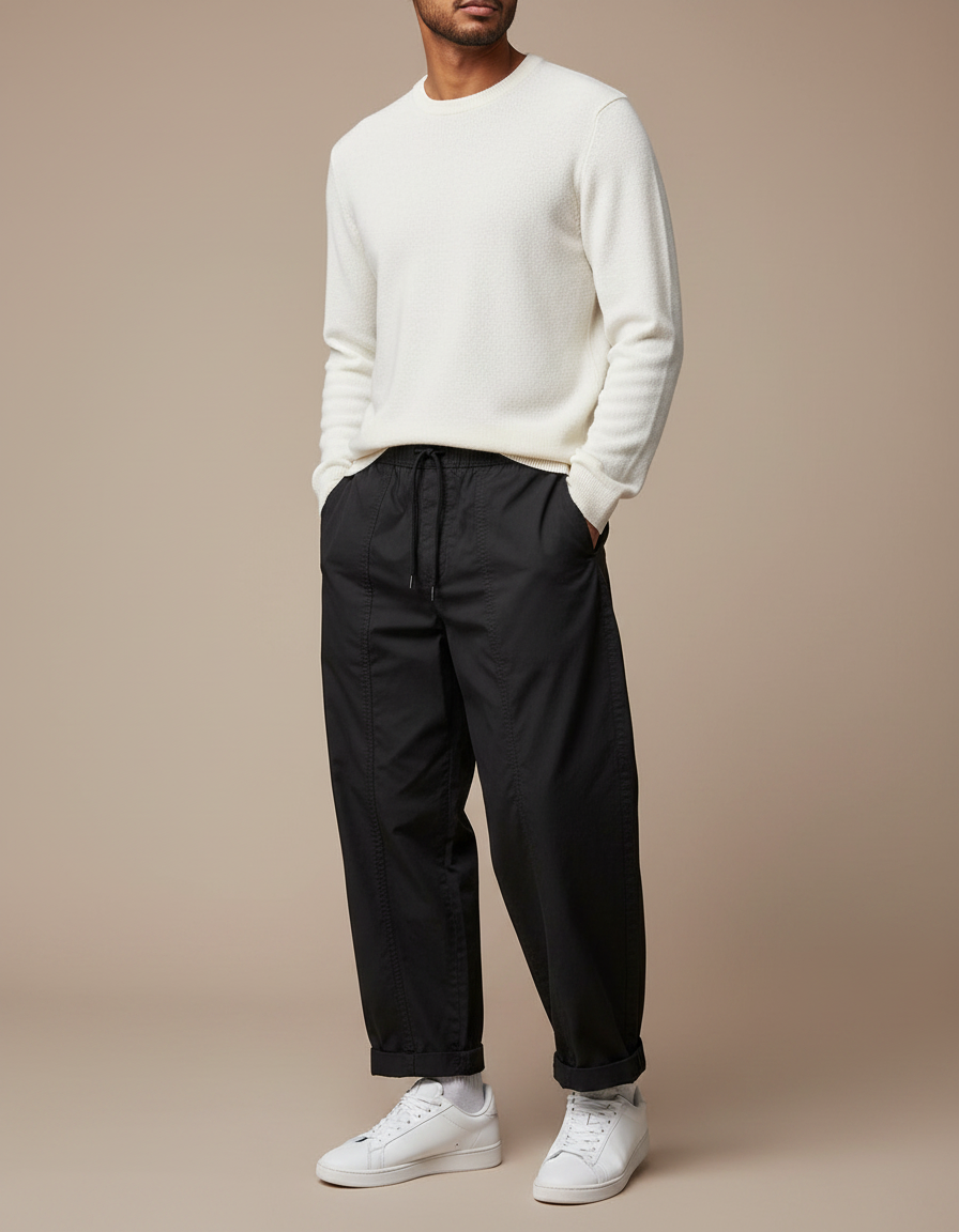 Pantalon Parachute Noir Ample Coton Décontracté Cordon