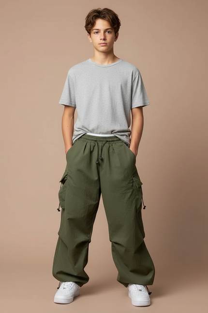 Pantalon Parachute Vert Ample Cargo Décontracté Cordon - Kaki Polyester
