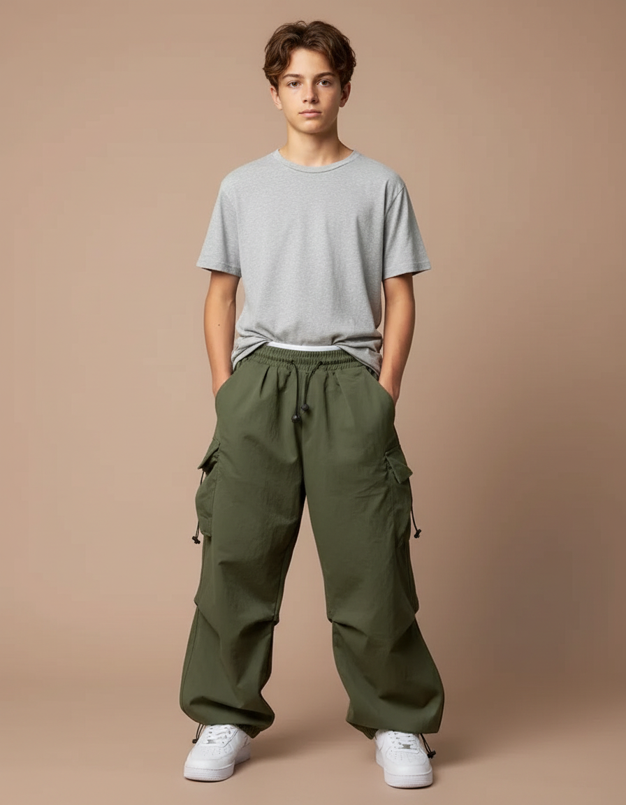Pantalon Parachute Vert Ample Cargo Décontracté Cordon - Kaki Polyester