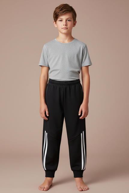 Pantalon Parachute Noir Sportif Rayures Blanches Enfant - Molleton