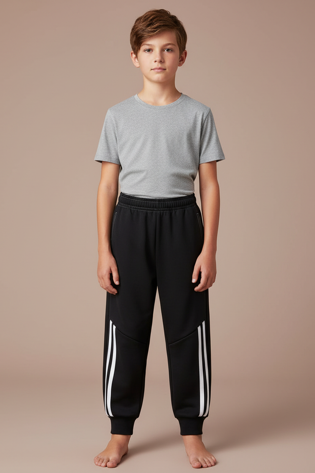 Pantalon Parachute Noir Sportif Rayures Blanches Enfant - Molleton