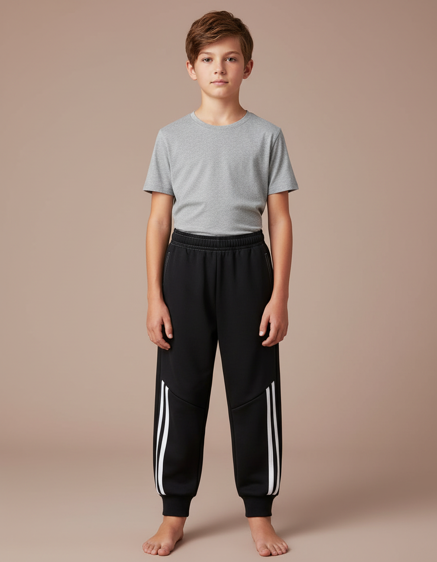 Pantalon Parachute Noir Sportif Rayures Blanches Enfant - Molleton
