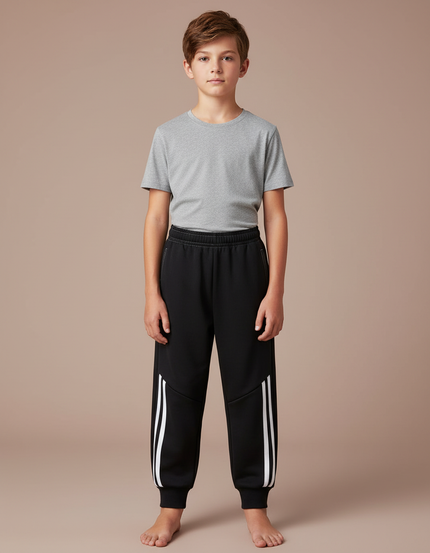 Pantalon Parachute Noir Sportif Rayures Blanches Enfant - Molleton
