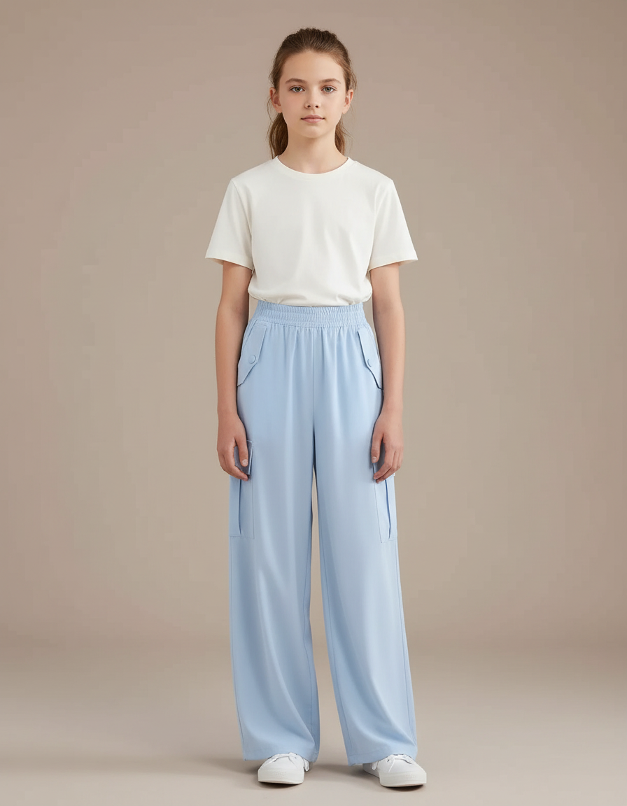 Pantalon Parachute Bleu Ciel Fluide Cargo Fille - Polyester