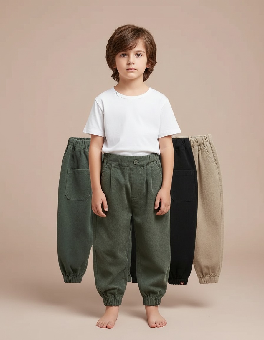 Pantalon Parachute Coton Ample Cargo Enfant - Kaki