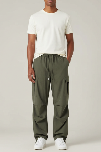 Pantalon Parachute Vert Cargo Ample Cordon Homme - Kaki Polyester