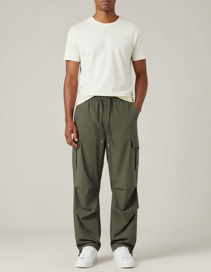 Pantalon Parachute Vert Cargo Ample Cordon Homme - Kaki Polyester