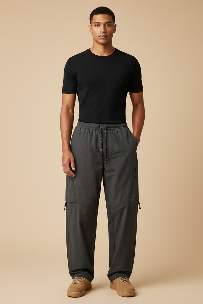 Pantalon Parachute Gris Cargo Ample Zippé Homme - Polyester