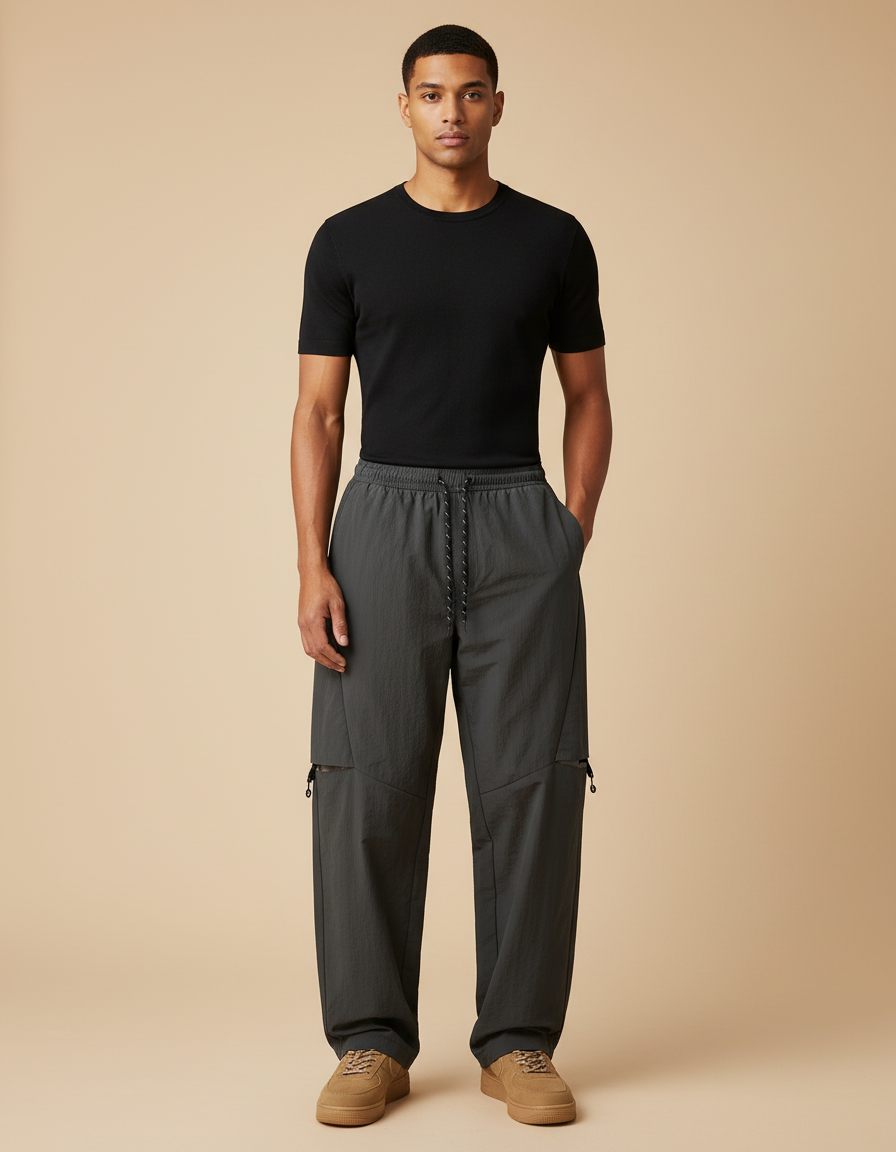 Pantalon Parachute Gris Cargo Ample Zippé Homme - Polyester