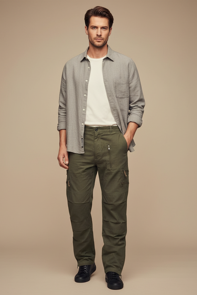 Pantalon Parachute Vert Militaire Cargo Zippé Homme - Kaki Toile