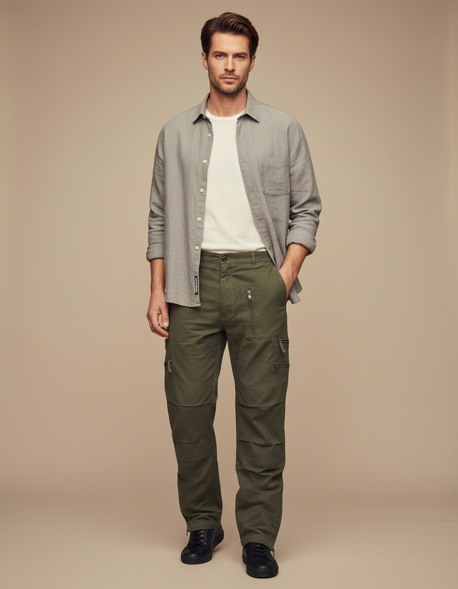 Pantalon Parachute Vert Militaire Cargo Zippé Homme - Kaki Toile