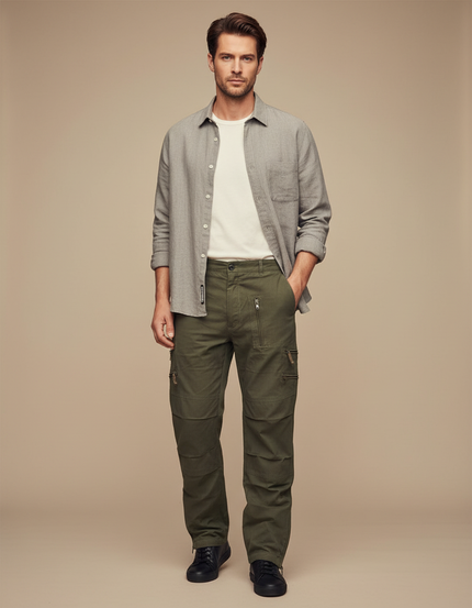 Pantalon Parachute Vert Militaire Cargo Zippé Homme - Kaki Toile