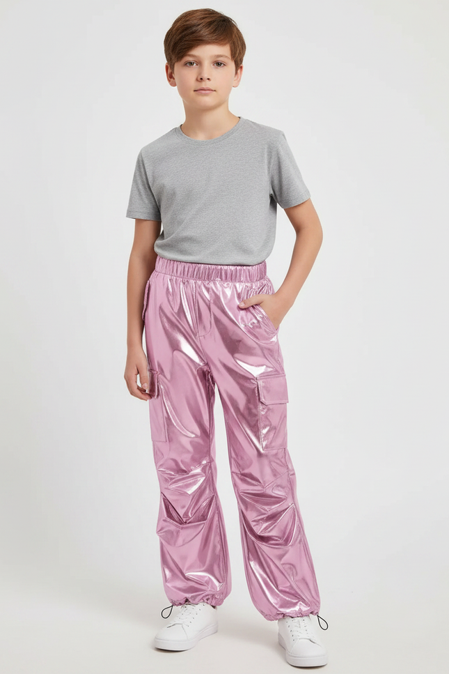 Pantalon Parachute Métallique Rose Ample Enfant Brillant - Polyester