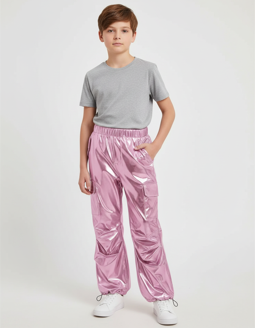 Pantalon Parachute Métallique Rose Ample Enfant Brillant - Polyester