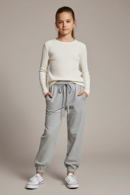 Pantalon Parachute Gris Ample Cordon Confortable Fille - Molleton