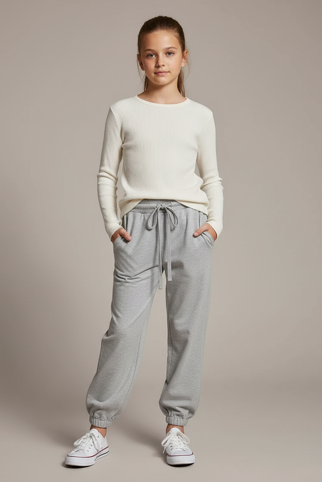 Pantalon Parachute Gris Ample Cordon Confortable Fille - Molleton